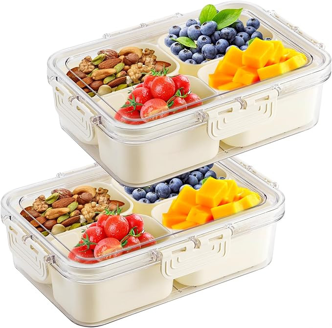 2 Pack Divided Serving Tray with Lid and Handle, Snackle Box Container mit 4 Compartments Clear S... | Amazon (US)