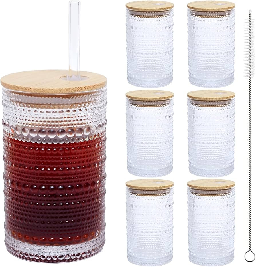 6 Packs Vintage Drinking Glasses with Lids, Vintage Glassware Set Cocktail Glass Set, Hobnail Dri... | Amazon (US)