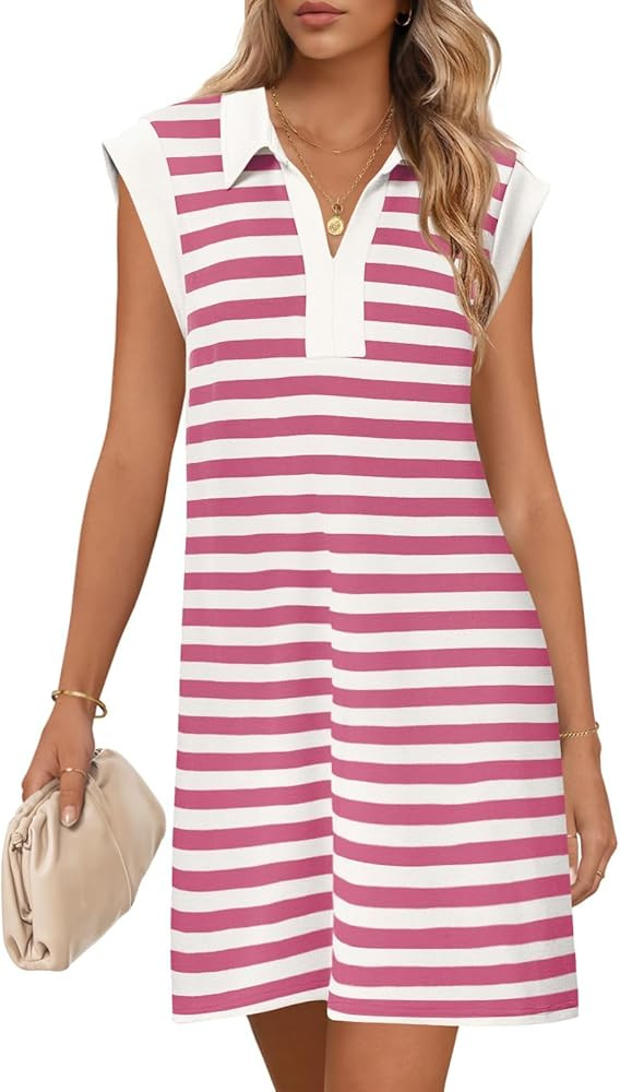 MEROKEETY Women's 2026 Summer Short Sleeve Mini Dress Casual Collared V Neck Loose T Shirt Dresse... | Amazon (US)
