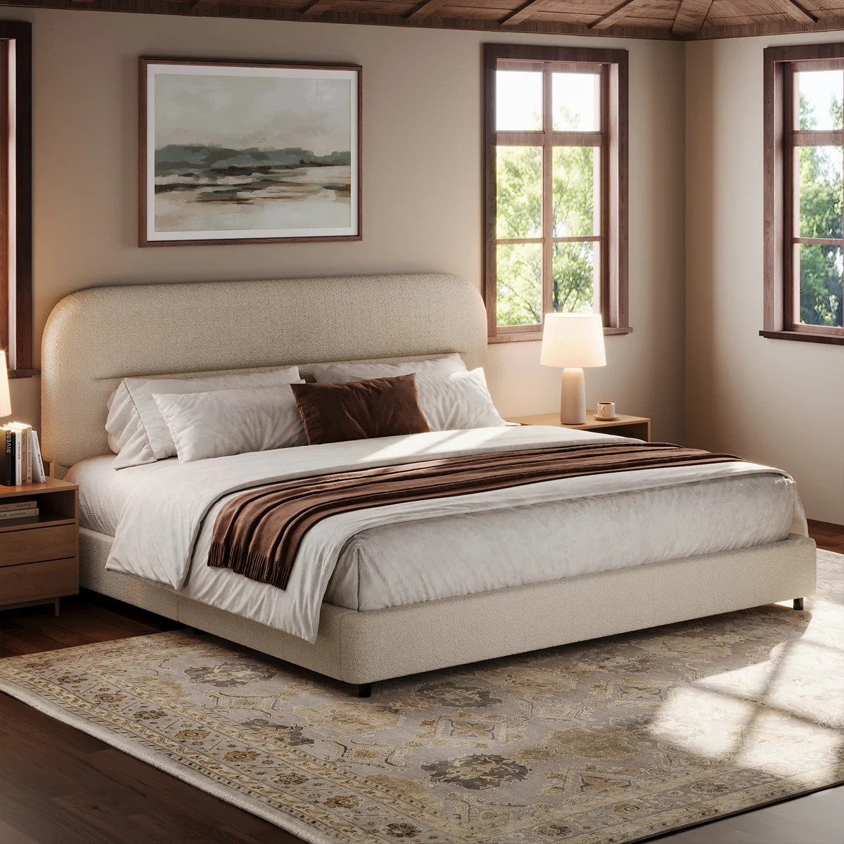 Bensu Platform Bed Frame, Cloud Collection with Boucle Upholstery & Rounded Headboard, Thickened ... | Wayfair North America