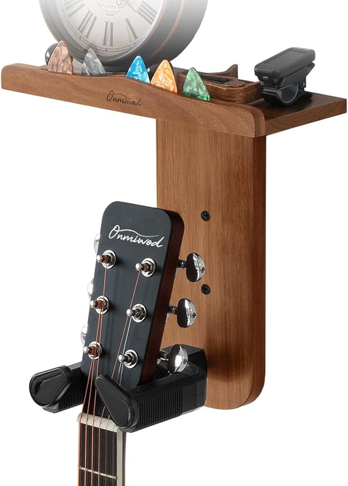 Guitar Wall Mount, Auto Lock Guitar Hanger, Wood Guitar Wall Hangers Shelf with Pick Holder, Guit... | Amazon (US)