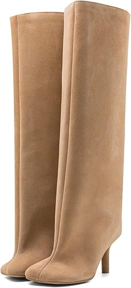 Women's Knee High Suede Boots for Women Wide Calf Square Toe Stiletto Heels Tall Boots Pull On Hi... | Amazon (US)