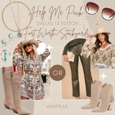 Dallas TX
Fort Worth
Stockyards
Travel
Outfit inspo
Western 
Bandana 
Bandana dress
Printed dress
White dress
Paisley print
Leather pants
Fringe sweater 
Sage green
Olive green
Cowgirl boots
Western boots
Cowboy boots
Suede boots
Target
Dolce vita 
Wide brimmed hat 
Turquoise jewelry 
Western jewelry 

#LTKsalealert #LTKstyletip #LTKtravel