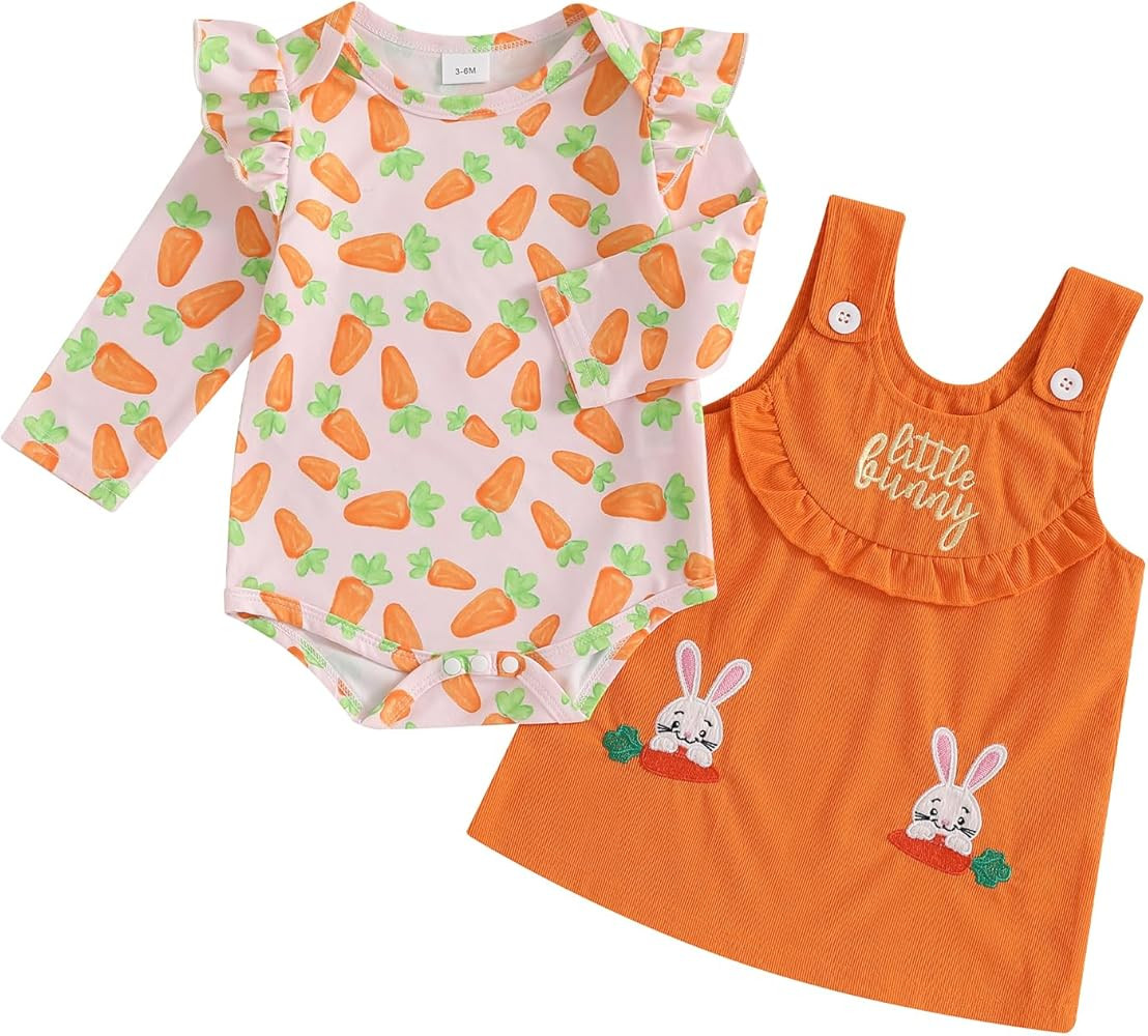 BeQeuewll Newborn Baby Girl Easter Clothes Infant Bunny Dress Ruffle Romper+Overall Skirt 2Pcs Ba... | Amazon (US)
