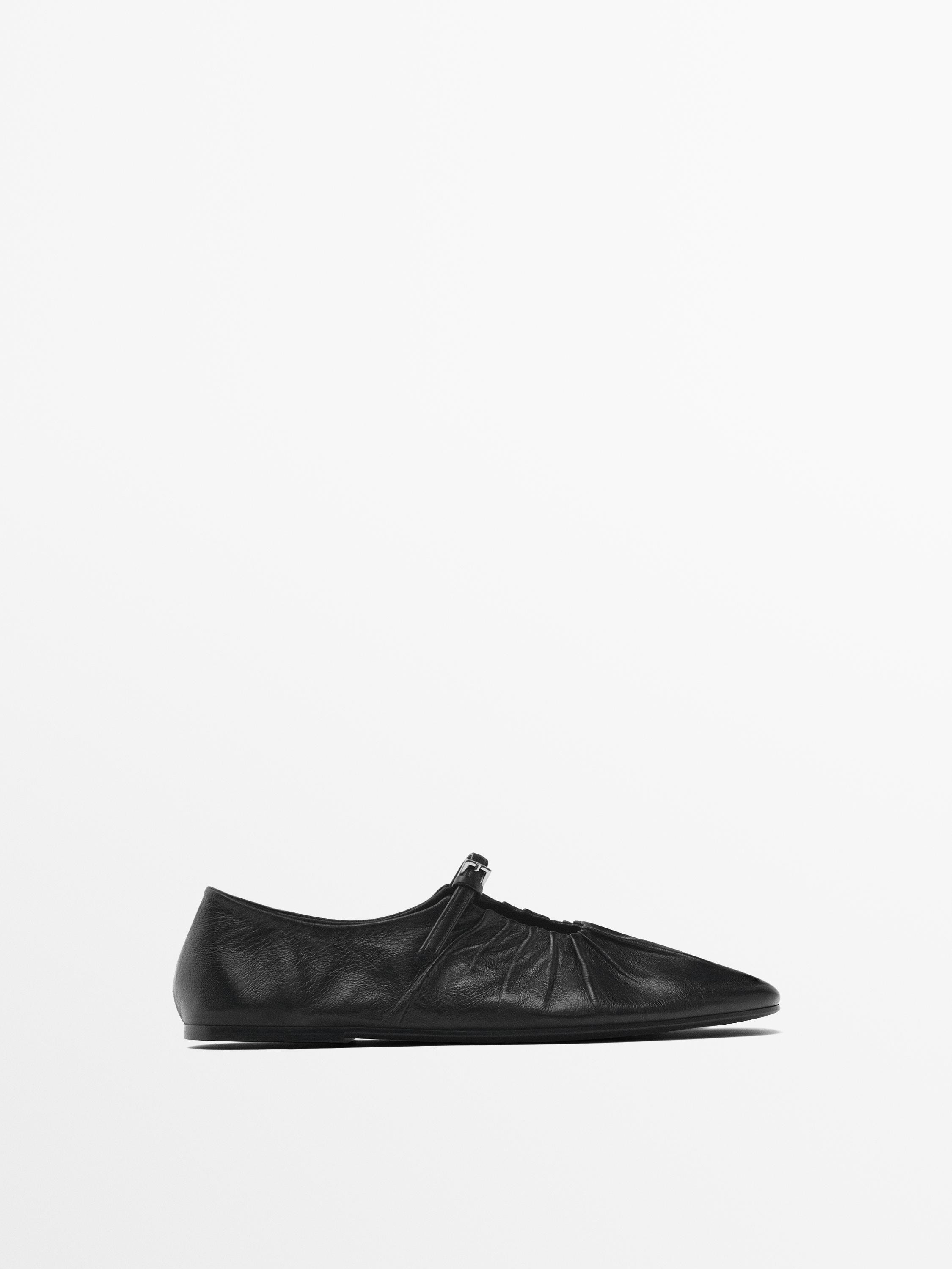 Leather ballet flats with gathered detail | Massimo Dutti US