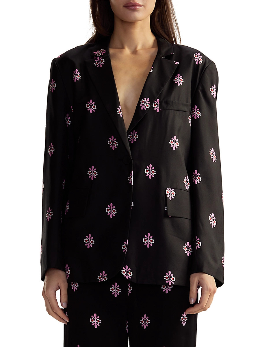 Women's Floral Silk Twill Notch-Lapel Blazer - Black Multi - Size Large | Saks Fifth Avenue