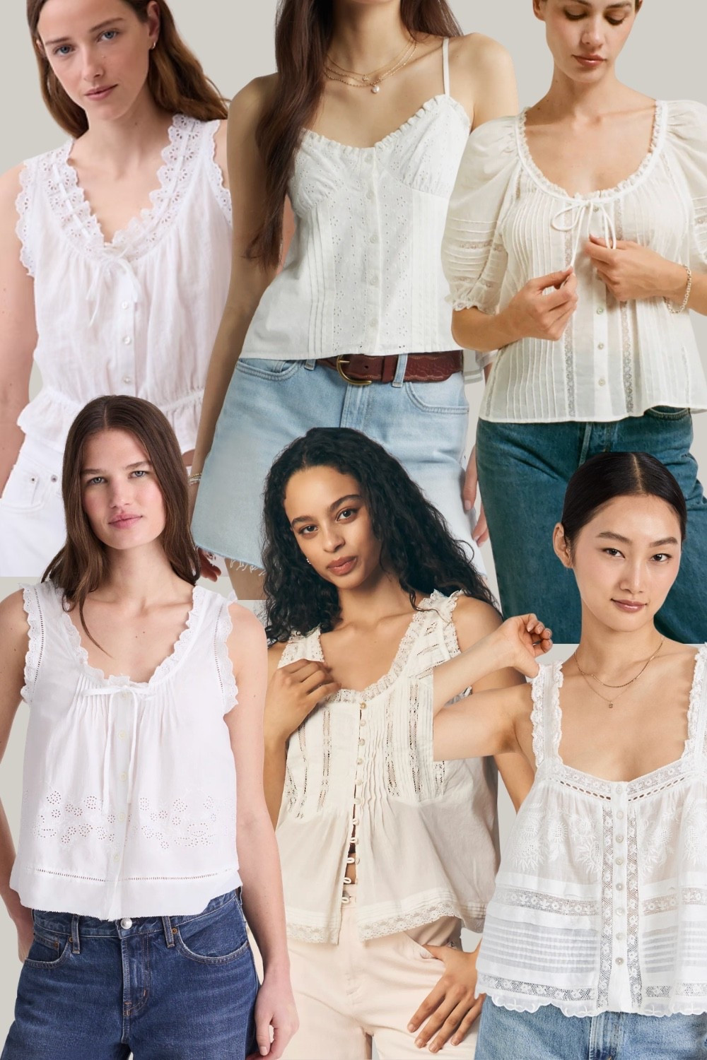 Whimsical White Tops
White tops with the details that make them worth it — the ones that look like you tried without trying.

Embroidered top, eyelet top, ruffle blouse, lace top, white blouse, white summer top

white tops women | white blouse women | embroidered blouse | eyelet top | ruffle top | lace blouse | feminine tops | cottagecore top | boho white blouse | white top outfit | summer top women | brunch top | vacation top | farmers market outfit top | white summer blouse 2026