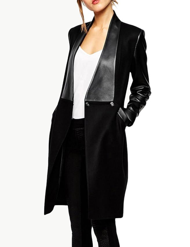 Tanming Womens PU Faux Leather Jacket Casual Lapel Long Suit Trench Coat Outerwear | Amazon (US)