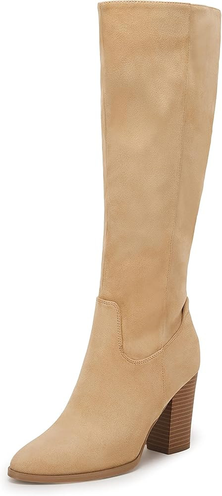 Womens Faux Suede Knee High Boots Side Zipper Chunky Heel Stretch Winter Boots | Amazon (US)