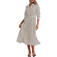 Amazhiyu Women's Pure Linen Long Sleeve Button Down Split Midi Dress with Belt | Amazon (US)
