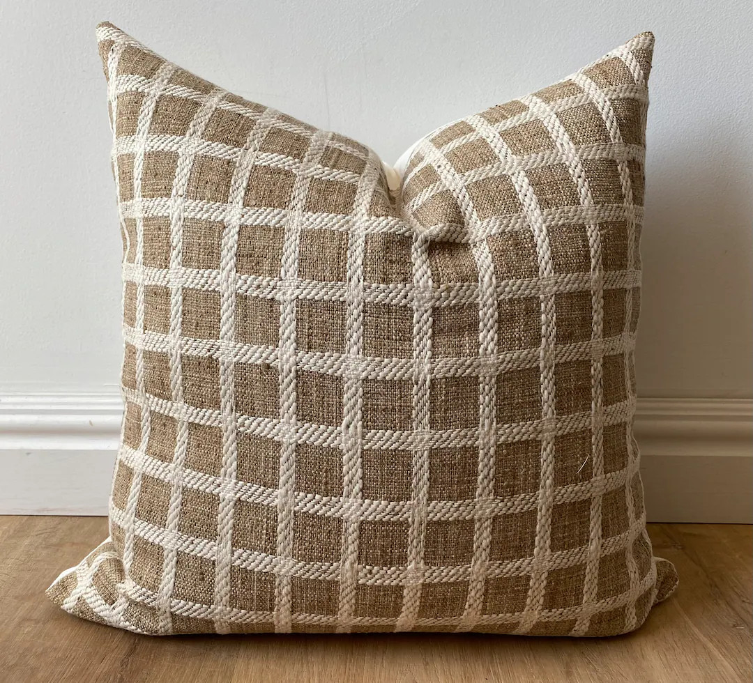 Designer Modern Woven Check Windowpane Pillow Cover Light Brown Camel Cream Textured Farmhouse Ar... | Etsy (US)
