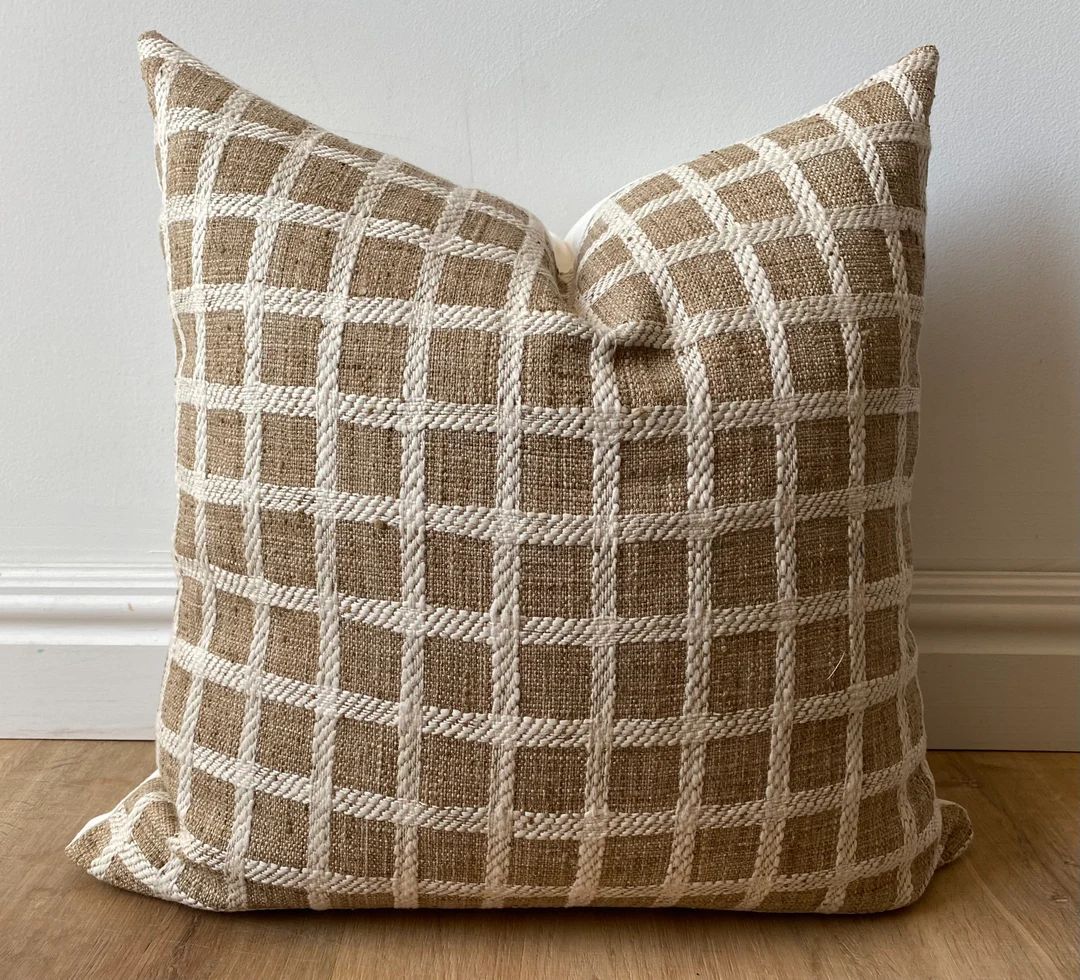 Designer modern woven check windowpane pillow cover light brown camel cream textured farmhouse ar... | Etsy (CAD)
