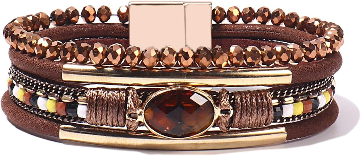 FANCY SHINY Leather Wrap Bracelets Crystal Beads Bracelet Boho Cuff Stone Charm Bracelets with Cl... | Amazon (US)