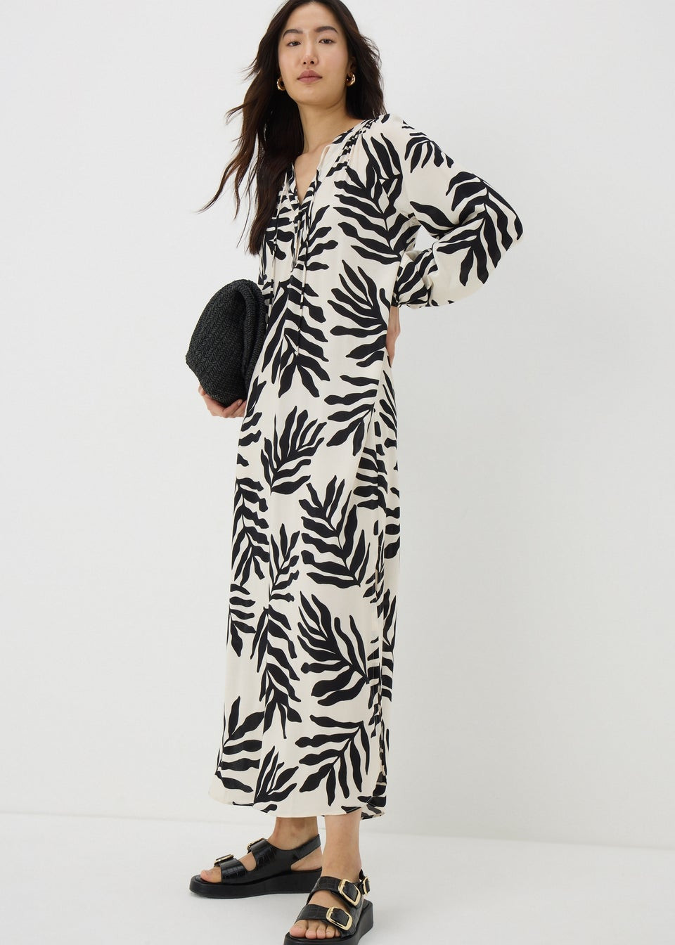 White Leaf Print Tunic Midaxi Dress - Size 14 | Matalan (UK)