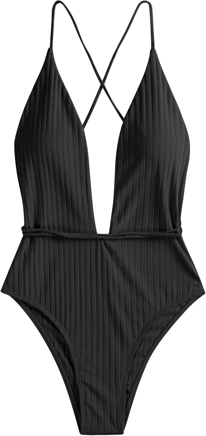 ZAFUL Women’s Ribbed One Piece Swimsuit Deep V Neck Bathing Suit Crisscross Back Self Tie Monok... | Amazon (US)