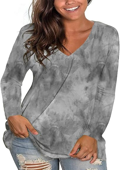Beocut Womens Long Sleeve Tops Plus Size V Neck Tie dye Solid T Shirt Tunic Tshirts | Amazon (US)
