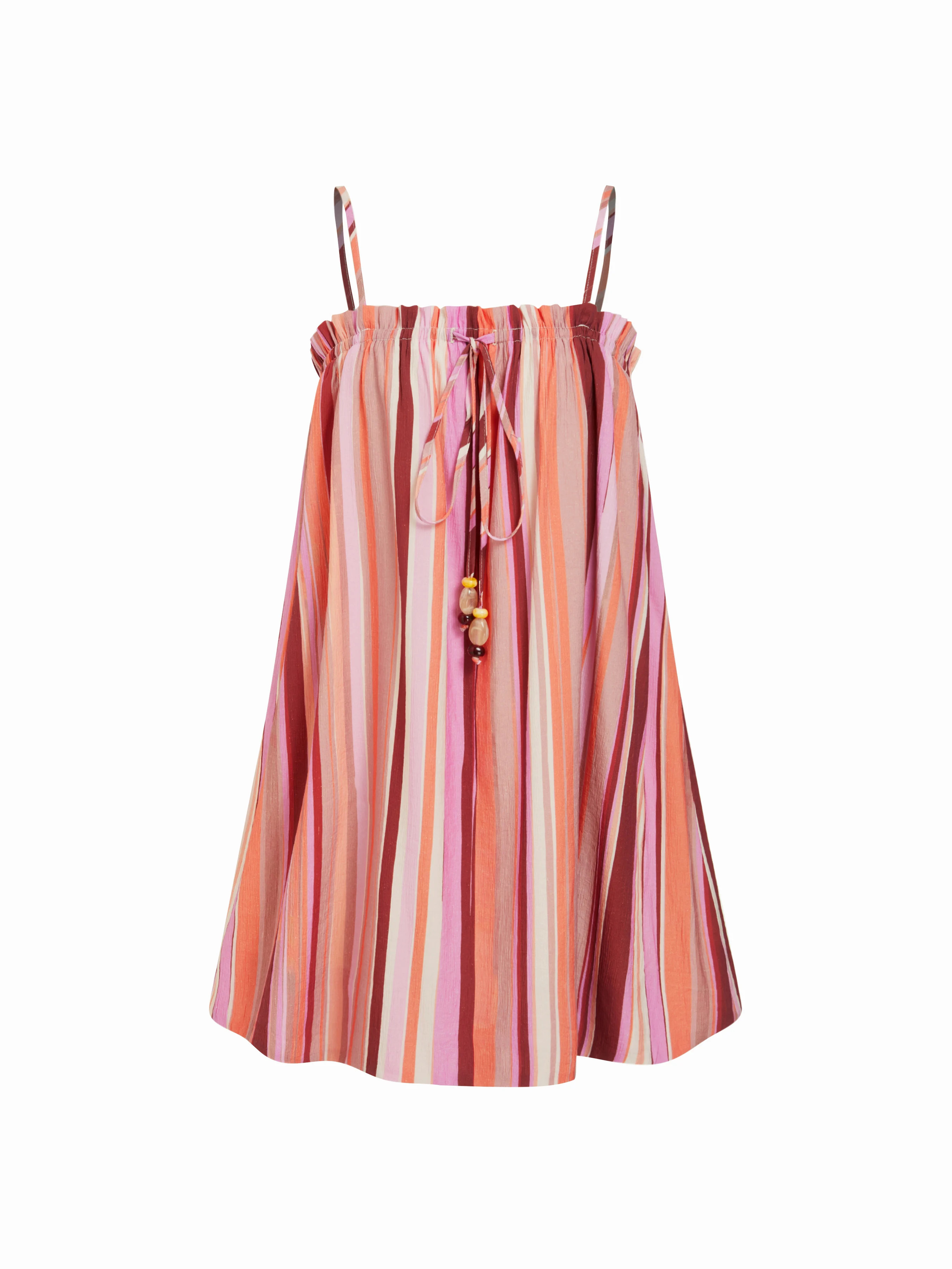 Striped Square Neck Beaded Knotted Lettuce Trim Oversized Mini Dress | Cider