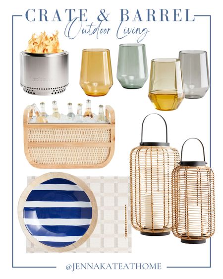 Crate and barrel outdoor living for summer including rattan candle holders, whitewashed charger plates, blue and white striped plates, placemats, rattan cooler, glassware, portable fireplace, coastal style home decor, patio, and backyard

#LTKHome #LTKFamily