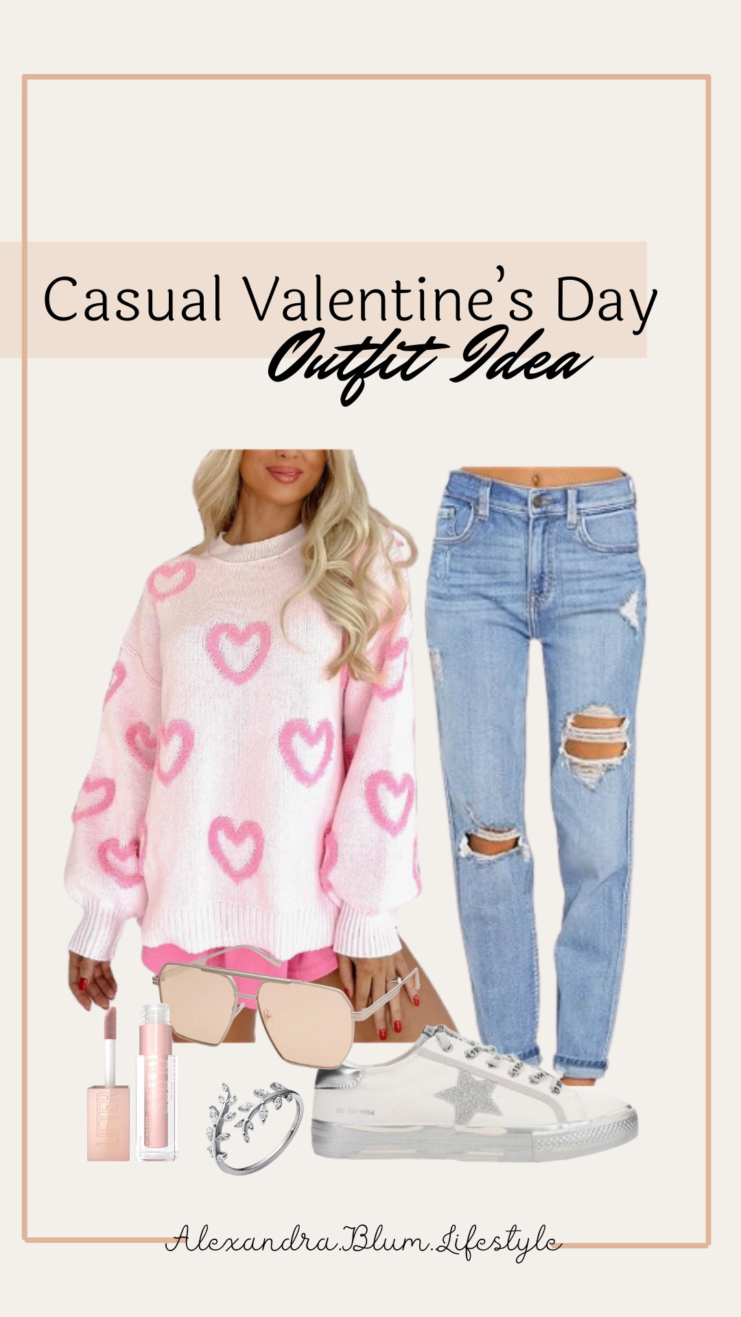 Casual valentines day outfit idea from Amazon! Valentine’s Day outfit! Date night idea! Heart sweater, straight leg ripped jeans, pink nude sunglasses, pink lip gloss, and silver ring! Amazon fashion!

#LTKFindsUnder50 #LTKBeauty #LTKStyleTip