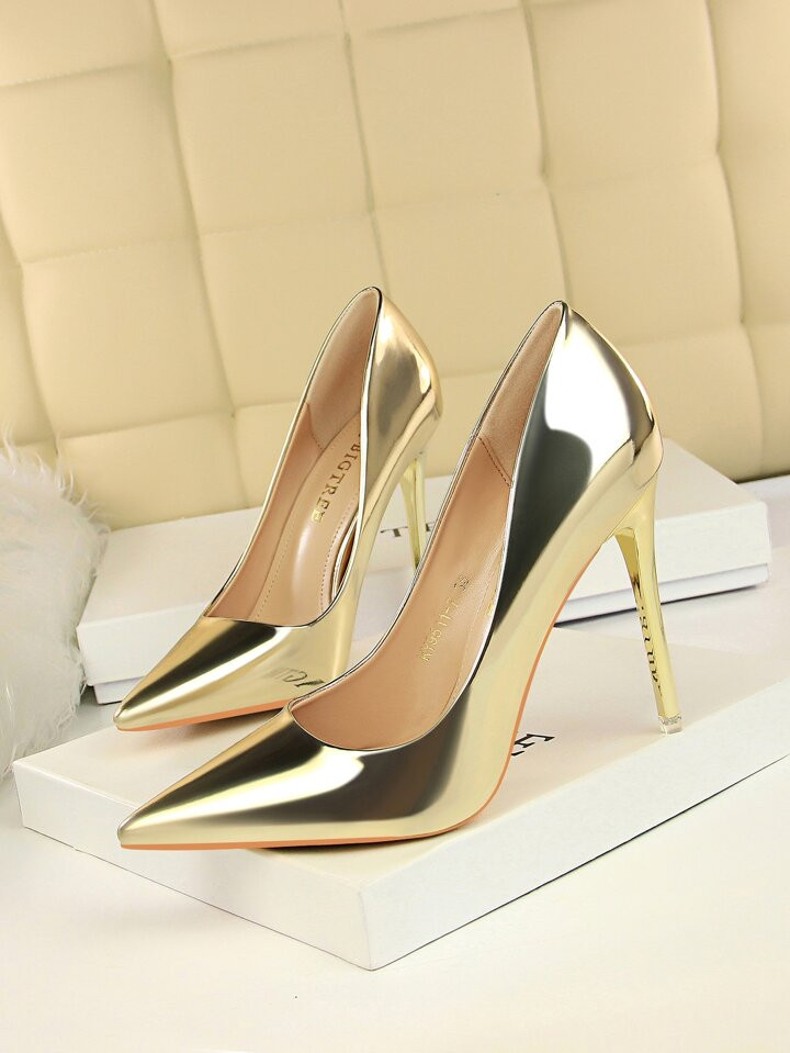 Metallic Point Toe Stiletto Heeled Court Pumps, Gold Party Solid Color High Heel Shoes | SHEIN