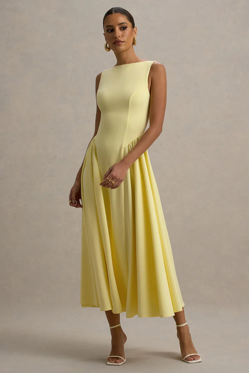 Muriel  Lemon Boat-Neck Volume-Hem Midi Dress | Club L London