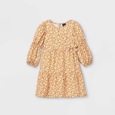 Toddler Girls' Floral V-Neck Long Sleeve Dress - art class™ Tan 5T | Target