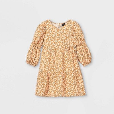 Toddler Girls&#39; Floral V-Neck Long Sleeve Dress - art class&#8482; Tan 5T | Target