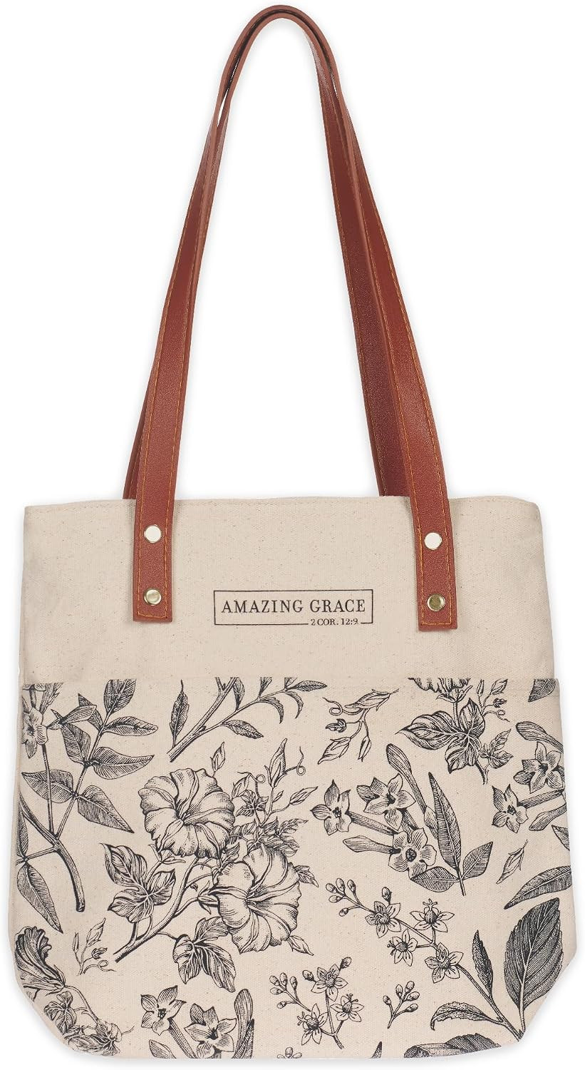 Christian Art Gifts Canvas Floral Tote Bag for Women: Amazing Grace Inspirational Scripture for Shopping, Supplies, Books, Accessories, Vegan Leather, Pocket, Zippered Closure, Creamy Tan & Brown | Amazon (US)