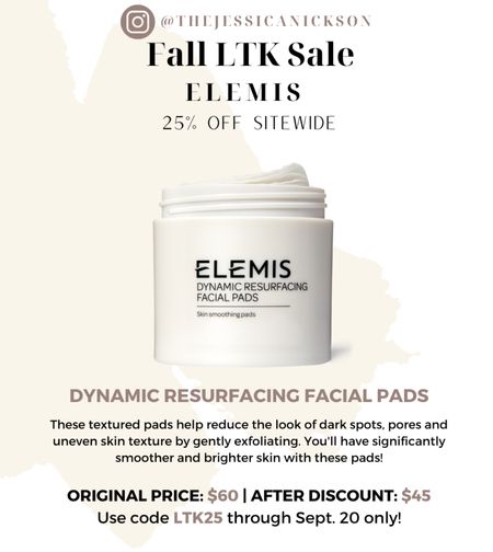 One of my Elemis favorites! These textured pads will leave your skin feeling so smooth and looking bright with gentle exfoliators. Stock up on your skincare faves with 25% off the entire Elemis site thru Sept. 20. Use code LTK25 to get the discount. 

#LTKSale #LTKunder50 #LTKbeauty #LTKSale #LTKGiftGuide