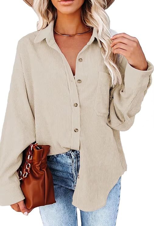 JOCAFIYE Women's Corduroy Shirt Casual Long Sleeve Button Down Blouses Tops | Amazon (US)