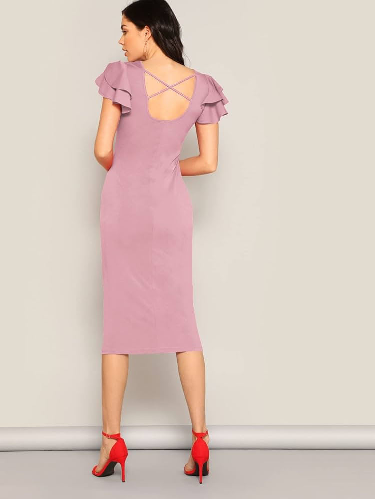 Romwe Women's Elegant Layered Ruffle Sleeve Stretchy Pencil Bodycon Party Work Dress | Amazon (US)