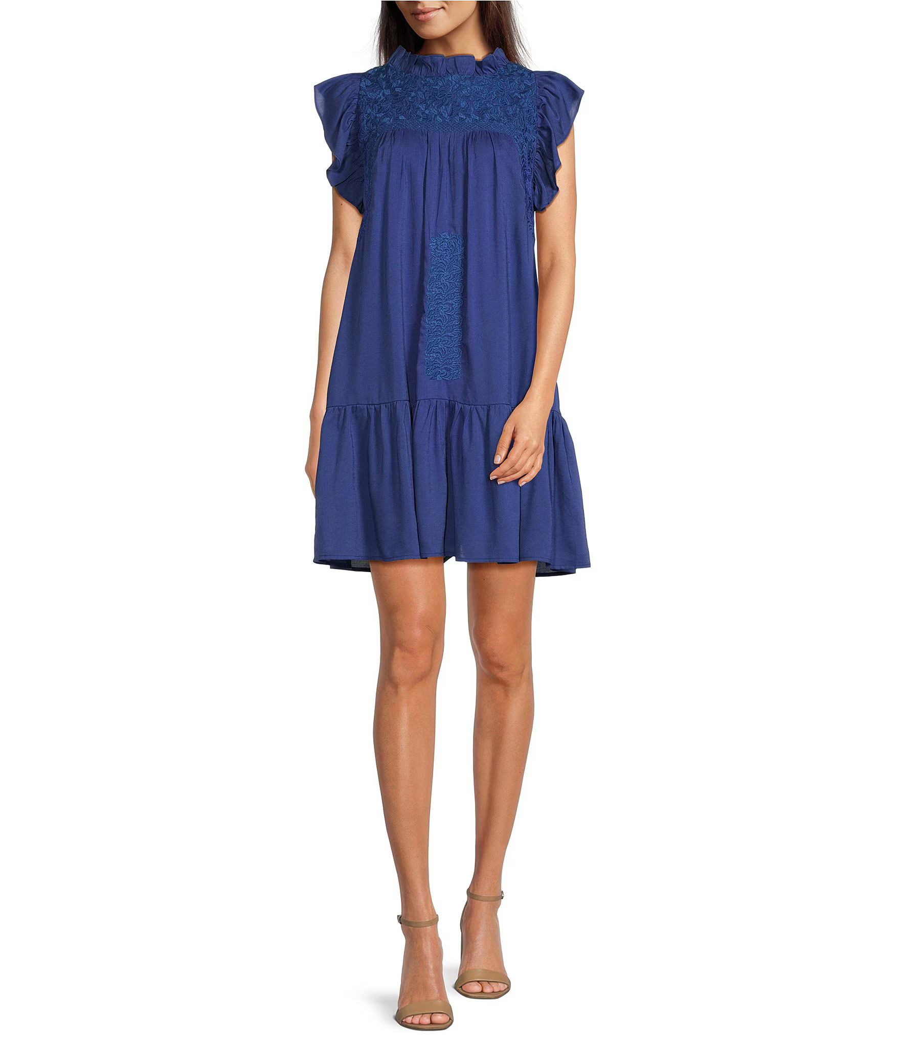 Kelsea Ruffled Neck Cap Sleeve Embroidered Tiered Dress | Dillard's