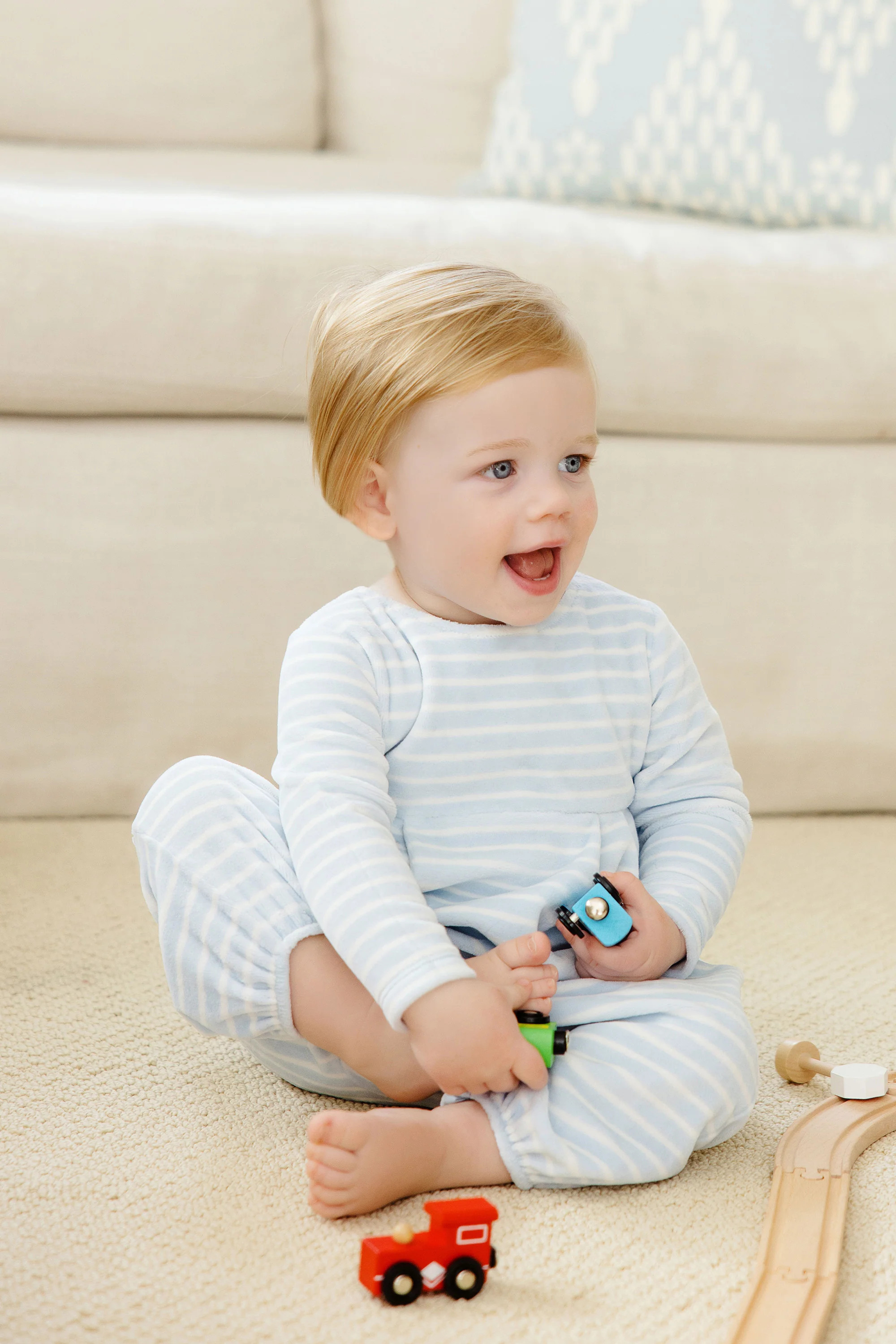 Bradford Romper - Buckhead Blue Stripe Velour | The Beaufort Bonnet Company