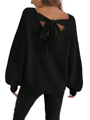 ZAFUL Women's Bow Chuncy Knit Sweater Crew Neck Long Sleeve Knitted Sweater Trendy Fall Pullover Sweaters 2025 Black XL | Amazon (US)