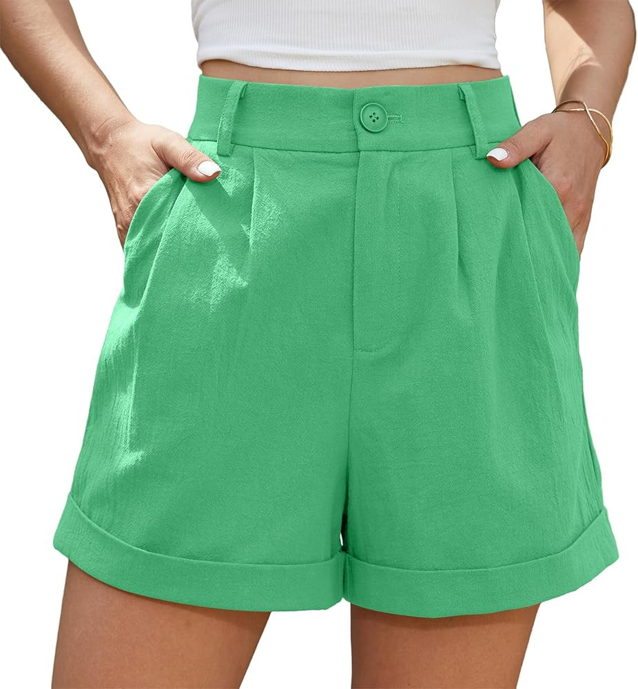 Jouica Womens Summer High Waist Linen Shorts Roll Up Pleated Zippered Wrap Hem Wide Leg Shorts wi... | Amazon (US)