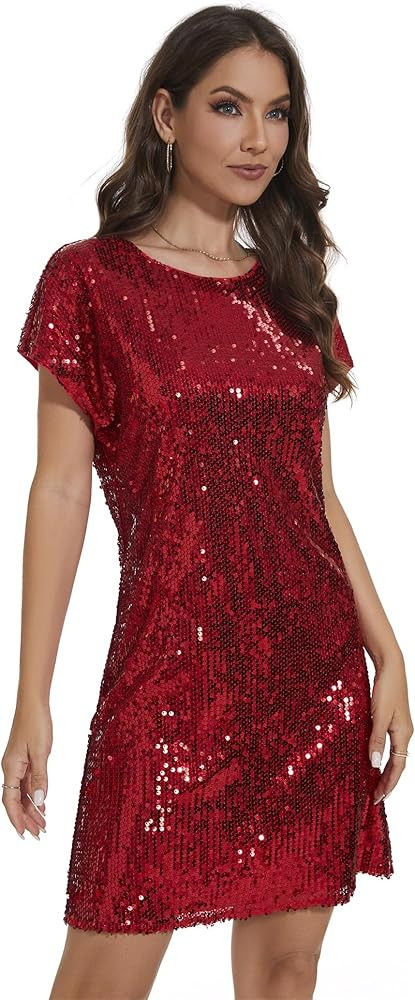 Women's Crewneck Sequin Shift Dress Short Sleeve Casual Holiday Sparkly Party Dress | Amazon (US)