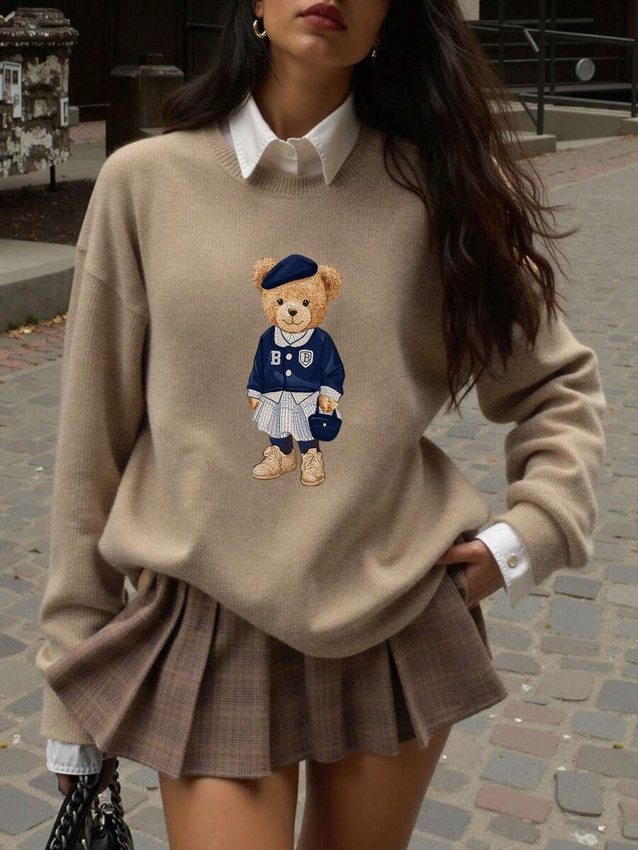Cute Teddy Bear Print Warm Knitted Sweater, Autumn/Winter Round Neck Patterned Top, Soft Fabric, Outerwear, Summer Top, Vacation, Travel Wear, Beach Style, Minimalist Resort Casual | SHEIN