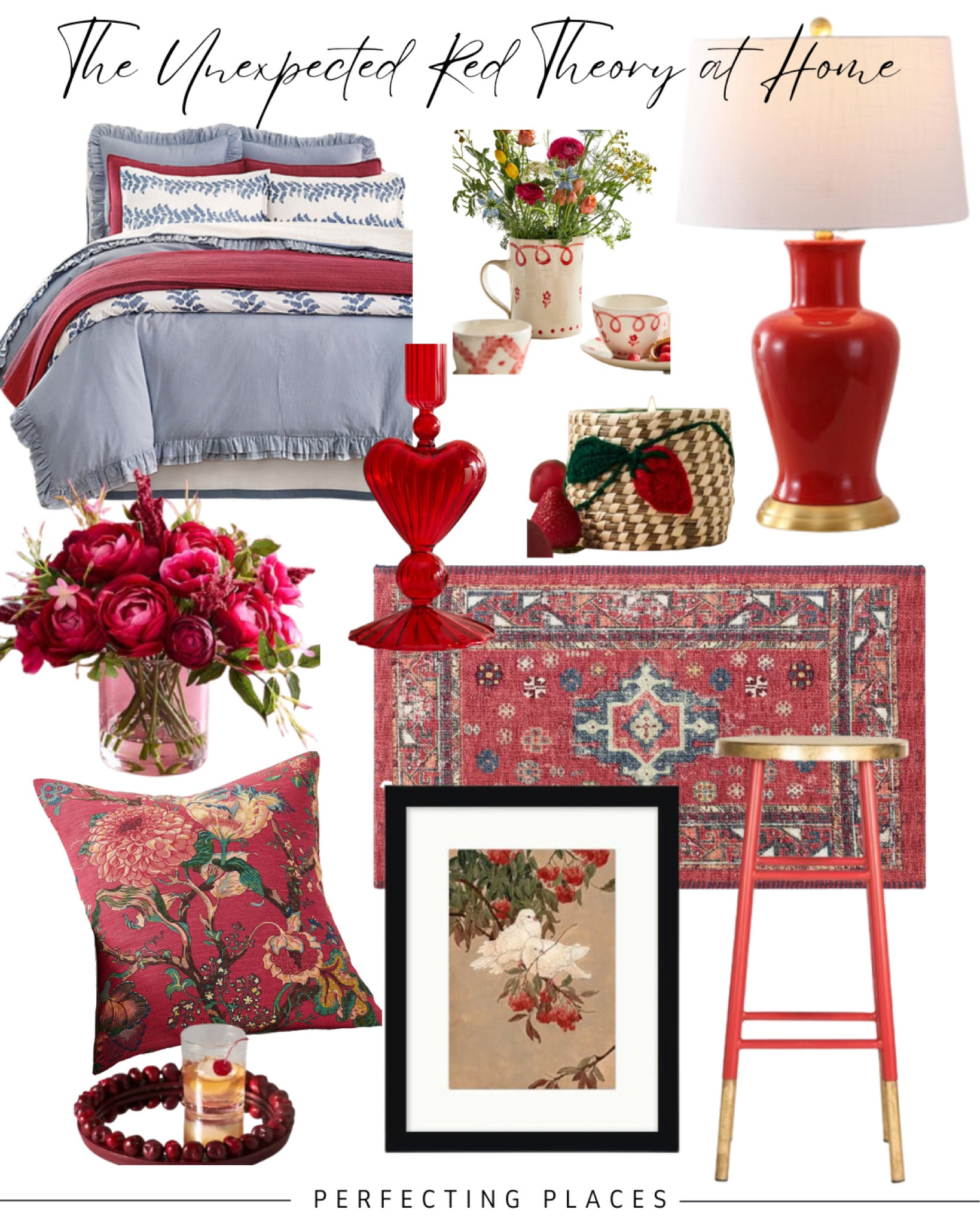 At a pop of red to your home decor for an unexpected touch of warmth, interest, and style. These red home decor accents add classic style to your home. Ballard Designs coverlet, Anthropologie finds, Heart & Garland artisan, stoneware mugs, Glass heart taper holder, woven strawberry candle,  Piper cocktail tray, mud fairy blooming hearts vase, Target Vintage Persian Kitchen rug, Emery dipped gold leaf bar stool, pottery barn peony arrangement, dahlia pillow, 
Artwork, Jonathan Y red lamp at Amazon, Red matted sketch, 

#LTKStyleTip #LTKHome