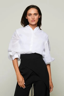 Carmine Long Puff Sleeve Collared Button Up Top | Benaar La