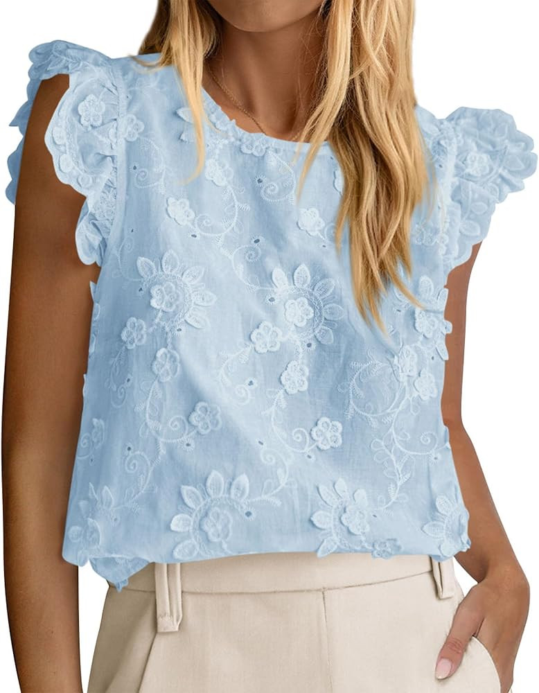 KIRUNDO Summer Tops for Women 2026 Ruffle Cap Sleeve Lace Embroidered Floral Boho Shirts Dressy C... | Amazon (US)
