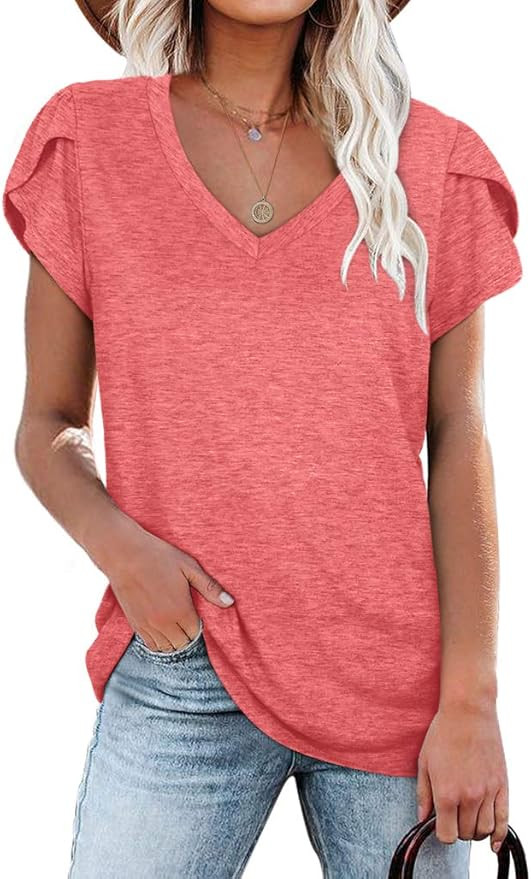 WIHOLL Womens Tops V Neck Summer Petal Sleeve Casual Tshirts | Amazon (US)