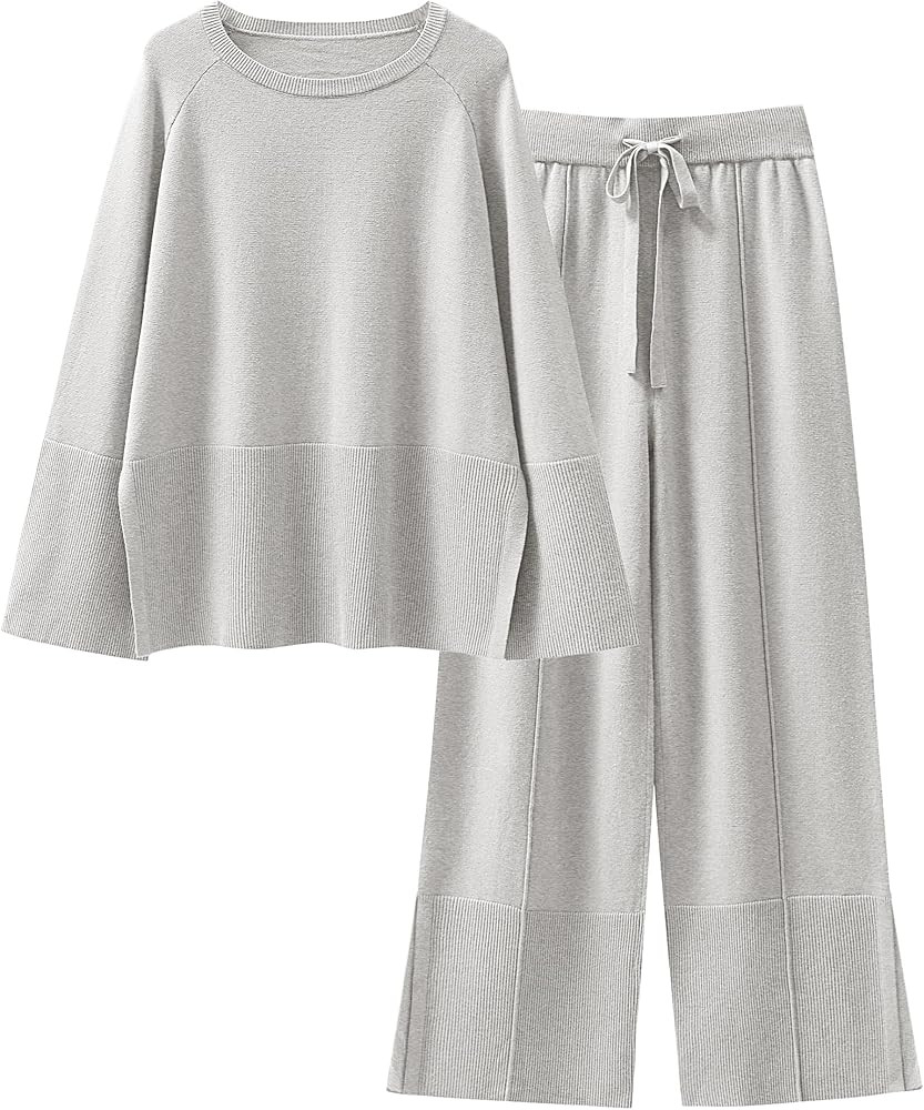 ANRABESS Womens 2 Piece Outfits Oversized Knit Sweater Set Wide Leg Pant Cozy Lounge Matching Paj... | Amazon (US)