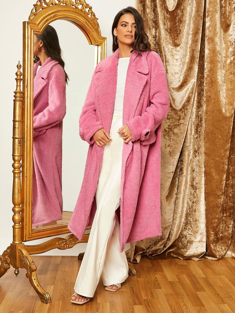 SHEIN Lapel Neck Teddy Longline Coat | SHEIN