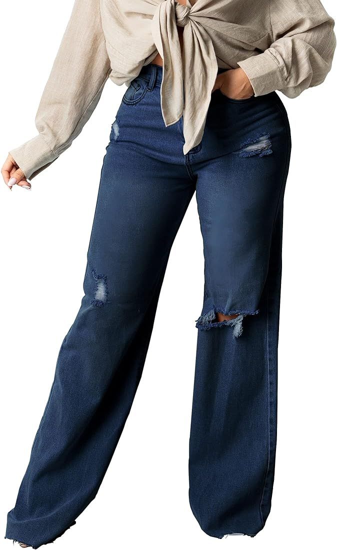 Joriou Casual Women's Ripped Wide Leg Jeans Distressed Baggy Denim Pants | Amazon (US)