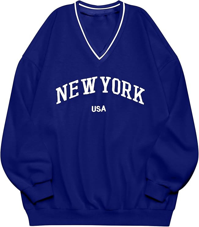 Remidoo Womens New York Embroidered V Neck Sweatshirt Oversized Long Sleeve Pullover Top | Amazon (US)