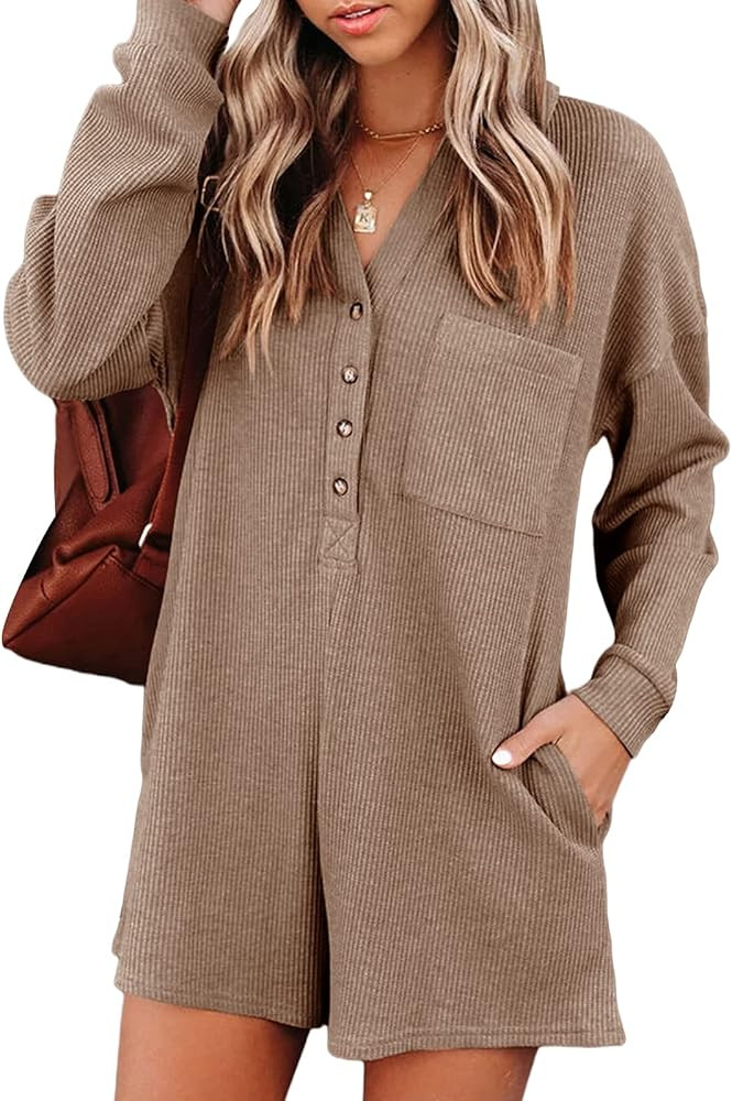 Women's V Neck Button Down Romper Casual Waffle Knit Long Sleeve Playsuit Short One Piece Jumpsuit O | Amazon (US)