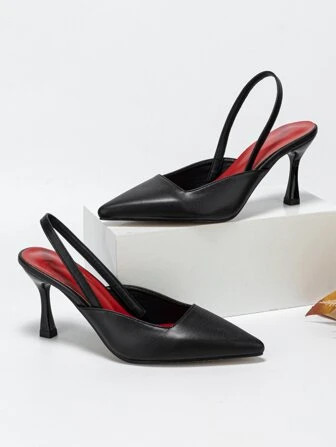 Women's Black Elegant Solid Open Back Minimalist Pointed Toe Pyramid Heel Sandals | SHEIN
