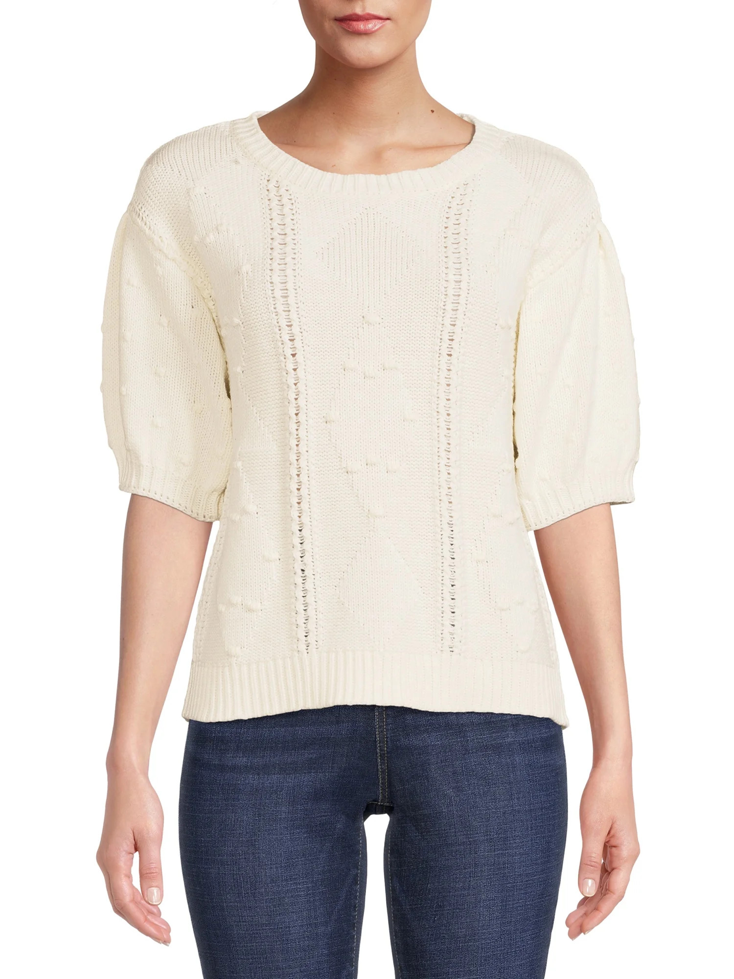 Time and Tru Women's Pullover Cable Sweater with Short Sleeves - Walmart.com | Walmart (US)