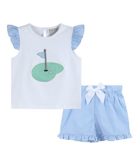 Lil Cactus Light Blue Gingham Golf Angel-Sleeve Tee & Ruffle Shorts - Girls | Zulily