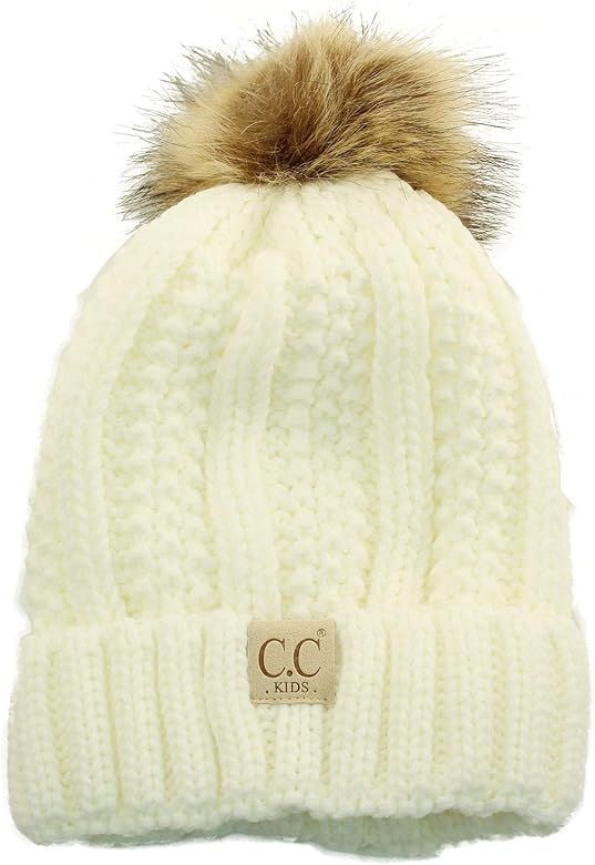 Kids CC Ages 2-7 Sherpa Lining Pompom Thick Stretchy Knit Beanie Cap Hat | Amazon (US)